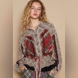 POL Textured Denim Jacket Plaid & Lace Grey Distressed Button Up Size Small NWT